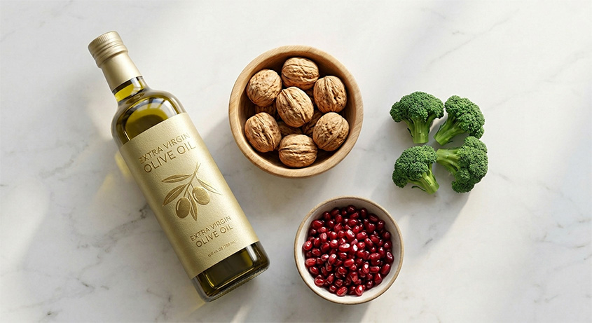رژیم غذایی سالم و مواد غذایی ضد التهابی شامل روغن زیتون فوق بکر، گردو، بروکلی و انار برای کمک به درمان و پیشگیری از سرطان پستان.