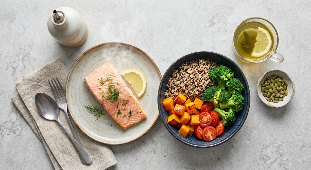 رژیم غذایی مقوی و زودهضم گیاه‌محور شامل کینوا، سبزیجات و ماهی برای مدیریت چاقی سارکوپنیک در سرطان پستان